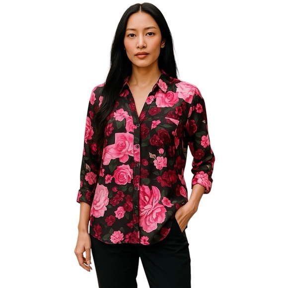 New York & Company Floral Pink Burgundy Roll Tab Sleeve Floral Button Down XL - Picture 1 of 17
